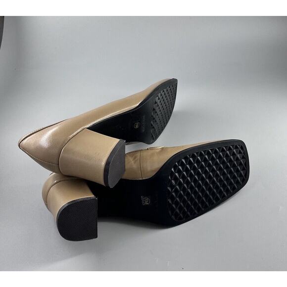 Ann Kristal Size 7.5M Leather Square Toe Nude Tan Block Heel Shoes - Picture 5 of 9